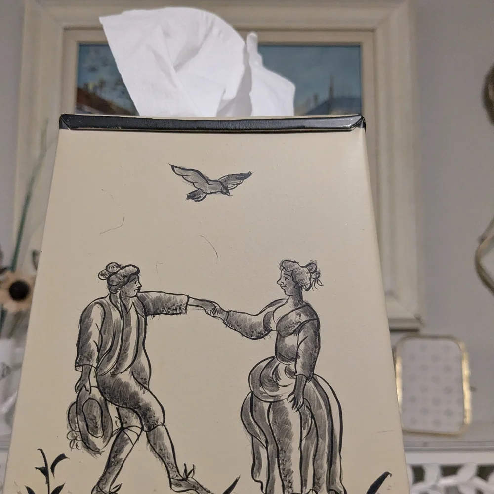 Vintage French Toile Metal Tissue Box Cover Quimper Style Black Cream MCM